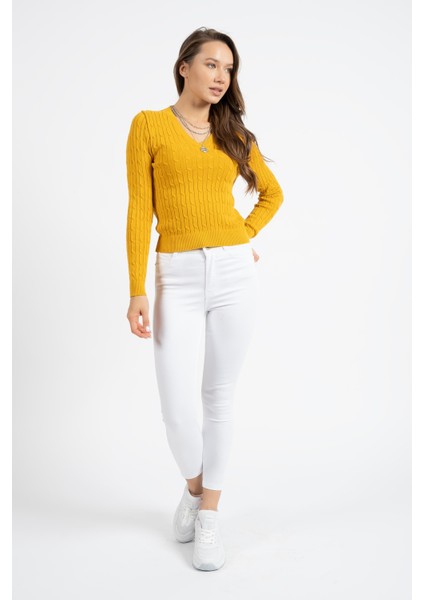 Kadın VT113 V Yaka Örgü Desen Triko Kazak Hardal