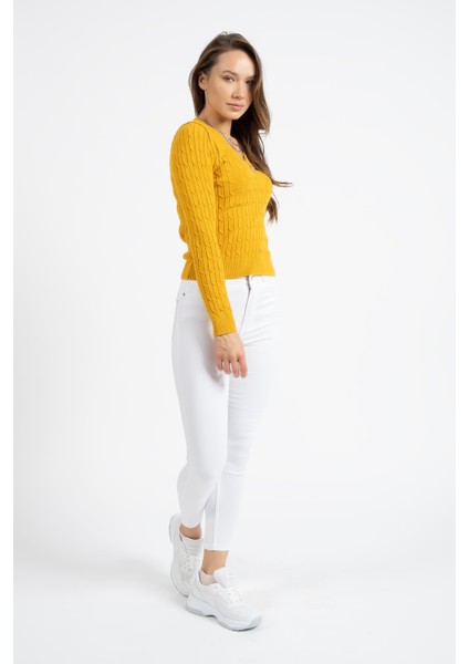 Kadın VT113 V Yaka Örgü Desen Triko Kazak Hardal fiyatları