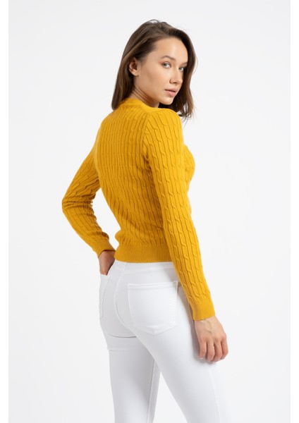 Kadın VT113 V Yaka Örgü Desen Triko Kazak Hardal modelleri