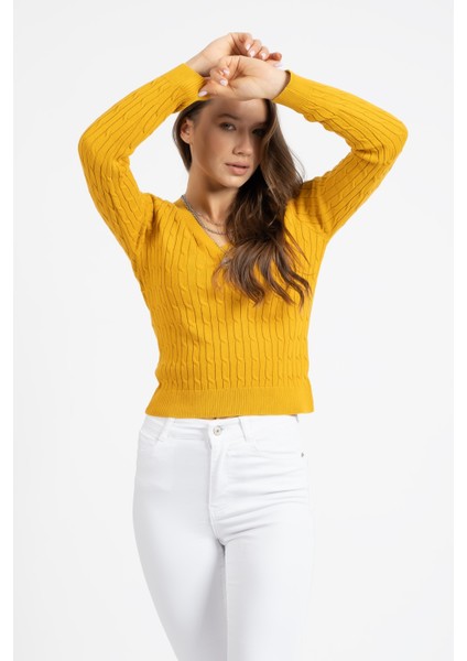 Kadın VT113 V Yaka Örgü Desen Triko Kazak Hardal indirimleri