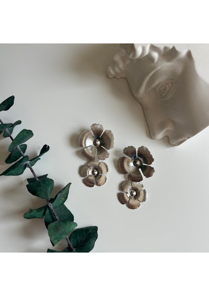Silver Çift Çiçek Küpe