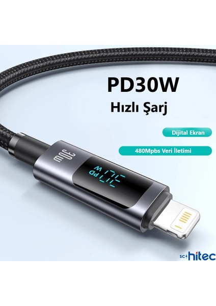 PD30W Type-C To Lightning Dijital Göstergeli Örgülü Şarj Data Kablosu