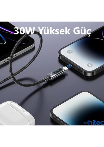 PD30W Type-C To Lightning Dijital Göstergeli Örgülü Şarj Data Kablosu