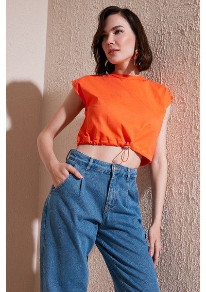 Bisiklet Yaka % 100 Pamuk Crop T Shirt Bayan T Shirt 5865587