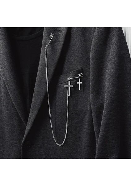 02 Punk Kolye Çift Zincir Broş Kadın ve Erkek Için Sokak Moda Aksesuarları Dekorasyon Hip Hop Takım Elbise Takı Trendy Aksesuarları (Yurt Dışından)