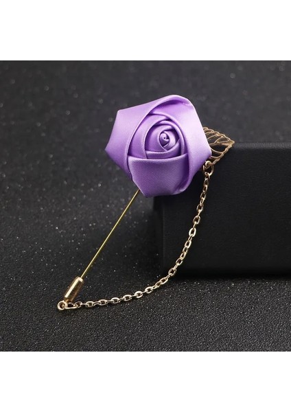 Açık Mor Yüksek Dereceli Şerit Gül Çiçek Altın Yaprak Moda Broş Pin Erkekler Kadınlar Için Ipek Ilik Groomsmen Parti Balo Takım Elbise Aksesuarları (Yurt Dışından)