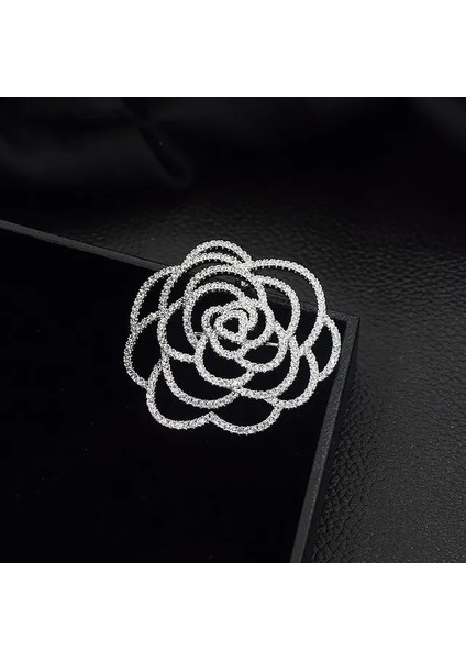 A20834-GÜMÜŞ Moda Tasarımı Kamelya Broş Kadın Eşarp Dekorasyon Kristal Zirkon Gül Çiçek Broş Kızlar Akşam Yemeği Takım Elbise Pin (Yurt Dışından)