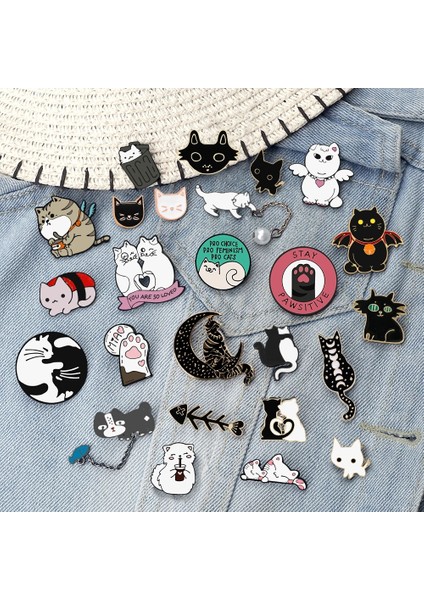 Gurur Kedi 25 Tarzı Çift Siyah Beyaz Kedi Emaye Pin Karikatür Pro Kediler Bıçak Broş Cadı Kaçak Kitty Pençe Balık Kemik Rozeti Takı Hediye (Yurt Dışından)
