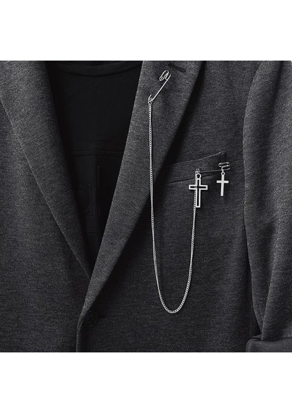 Zincir Broş 3 Punk Kolye Çift Pin Klip Zincir Broş Japonya Kore Erkekler Kadınlar Için Sokak Ins Uzun Metal Göğüs Zinciri Broş Trendy Aksesuarları (Yurt Dışından)