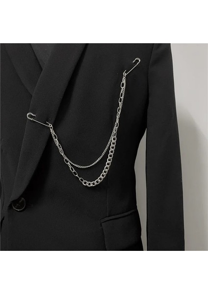 Zincir Broş 3 Punk Kolye Çift Pin Klip Zincir Broş Japonya Kore Erkekler Kadınlar Için Sokak Ins Uzun Metal Göğüs Zinciri Broş Trendy Aksesuarları (Yurt Dışından)