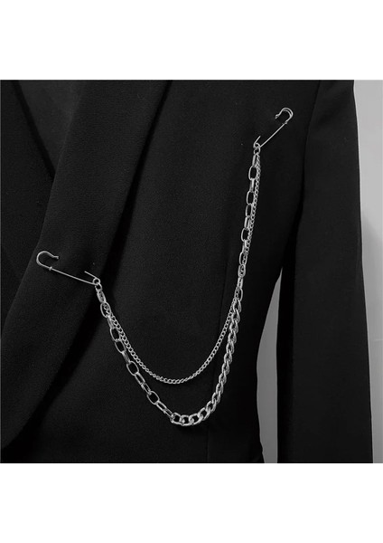 Zincir Broş 3 Punk Kolye Çift Pin Klip Zincir Broş Japonya Kore Erkekler Kadınlar Için Sokak Ins Uzun Metal Göğüs Zinciri Broş Trendy Aksesuarları (Yurt Dışından)