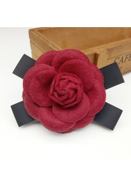 Koyu Kırmızı Yün Moda Kadın Kumaş Kamelya Çiçek Broş Düğün Için Büyük El Yapımı Yay Siyah Beyaz Kumaş Broş Kadınlar Için Kostüm Takı (Yurt Dışından)