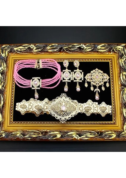Q90026001L9201PEMBE Sunspicems Fas Kaftan Bel Kemeri Boncuk Gerdanlık Kolye Kare Küpe Broş Arapça Altın Renk Gelin Takı Seti Kadınlar Için (Yurt Dışından)