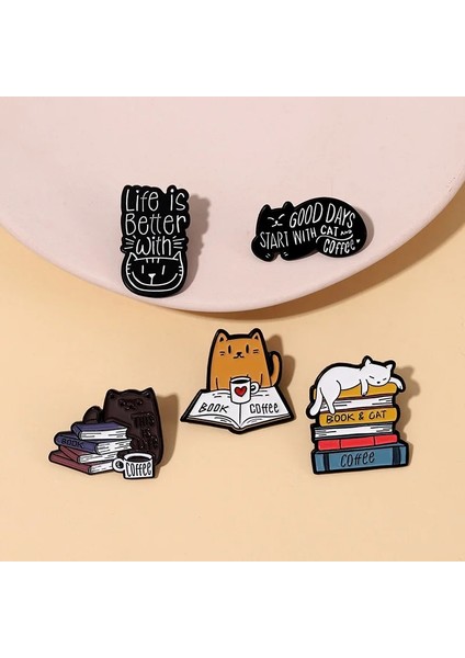 Stil 7 Kedi Koleksiyonu Emaye Broş Kahve Fincanı Balık Paketi Kitaplar Kedi Hayat Kedi Zar ile Daha Güzeldir Sevimli Kedi Rozeti Punk Yaka Iğnesi Takı (Yurt Dışından) modelleri