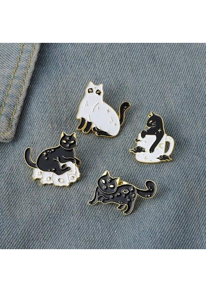 XZ1828 Kedi Broş Kafatası Kedi Broş Cadılar Bayramı Sihirbazı Şapka Çift Kedi Güneş Ay Kedi Broş Siyah Beyaz Kedi Alaşım Emaye Rozeti Yaka Iğnesi (Yurt Dışından)
