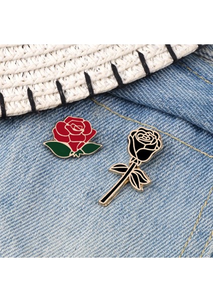 Kırmızı 2 Moda Çiçek Yaka Pin Kadın Rozeti 2 Adet Kırmızı Siyah Gül Tasarım Metal Broş Pins Çift Romantik Hediye Arkadaş Düğün Takı (Yurt Dışından)