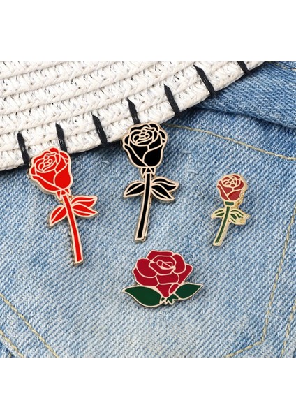 Kırmızı 2 Moda Çiçek Yaka Pin Kadın Rozeti 2 Adet Kırmızı Siyah Gül Tasarım Metal Broş Pins Çift Romantik Hediye Arkadaş Düğün Takı (Yurt Dışından)