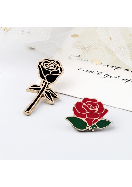 Kırmızı 2 Moda Çiçek Yaka Pin Kadın Rozeti 2 Adet Kırmızı Siyah Gül Tasarım Metal Broş Pins Çift Romantik Hediye Arkadaş Düğün Takı (Yurt Dışından)