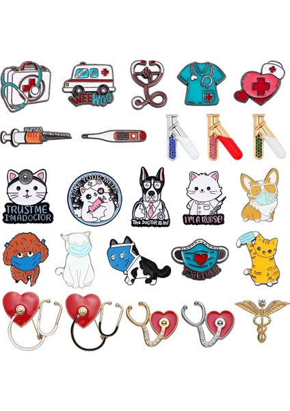 24 Tıbbi Metal Broş Iğne Tüpü Stetoskop Ilk Yardım Çantası Kedi Hemşire Köpek Doktor Hayvan Hasta Tıbbi Rozeti Punk Pimleri Takı (Yurt Dışından) fiyatları