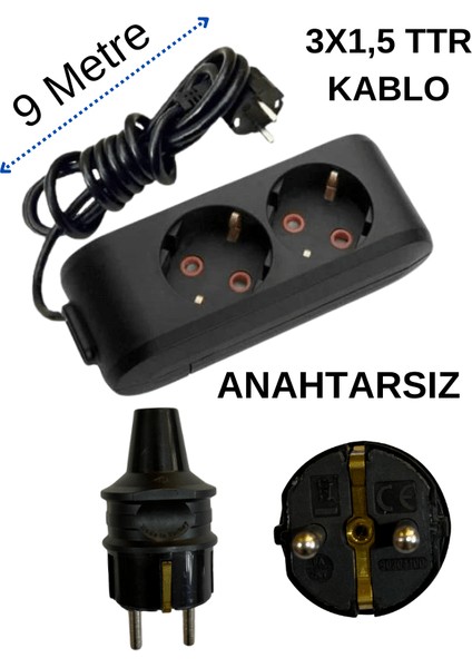 (2/'li) Ikili Priz Topraklı Kablolu Siyah (3x1,5 Ttr) 9 (Dokuz) Metre