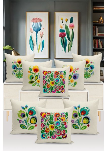 Flower/vintage Serisi Çift Tarafı Dijital Baskılı 8'li Kırlent Kılıfı Seti (Cushion Cover Set)