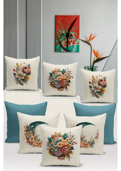 Flower/vintage Serisi Çift Tarafı Dijital Baskılı 8'li Kırlent Kılıfı Seti (Cushion Cover Set)