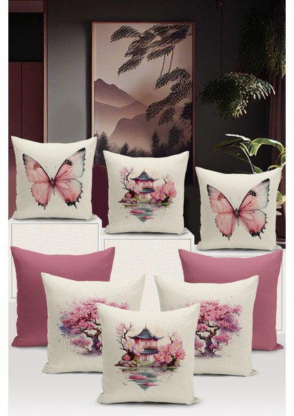 Flower/vintage Serisi Çift Tarafı Dijital Baskılı 8'li Kırlent Kılıfı Seti (Cushion Cover Set)