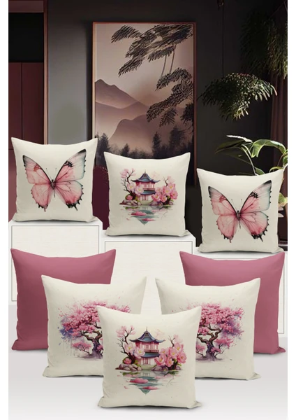 Bertille Home Flower/vintage Serisi Çift Tarafı Dijital Baskılı  8'li Kırlent Kılıfı Seti  (Cushion Cover Set)