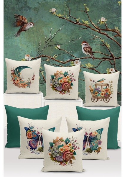 Flower/vintage Serisi Çift Tarafı Dijital Baskılı 8'li Kırlent Kılıfı Seti (Cushion Cover Set)
