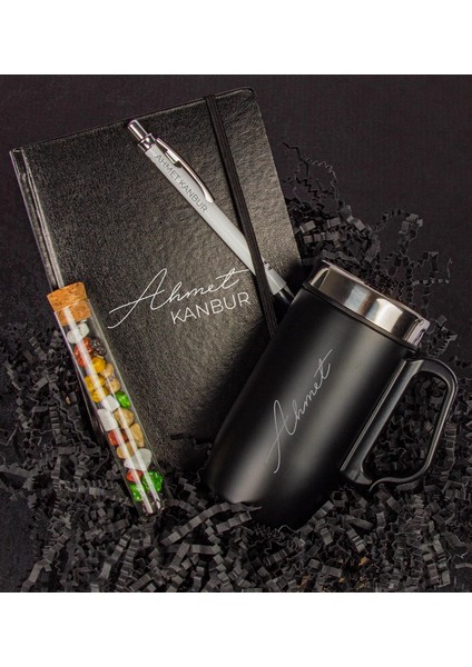 Kişiye Özel Tasarım Defter Kalem & Kişiye Özel Termos & Çakıl Taşı Çikolata Hediye Seti 111553