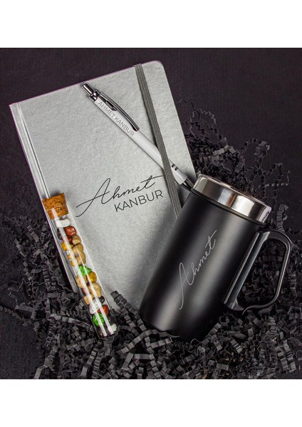 Kişiye Özel Tasarım Defter Kalem & Kişiye Özel Termos & Çakıl Taşı Çikolata Hediye Seti 111554