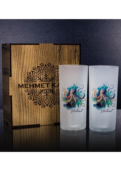 Kişiye Özel Kutusunda Ahtapot Tasarım 2'li Rakı Bardağı Hediye Seti 111300