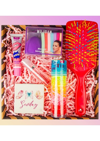 Kişiye Özel Ayna & Kalıcı Ruj & Dudak Parlatıcı & Örgü Lastiği & Saç Fırçası & Fondöten Süngeri Hediye Seti 110911