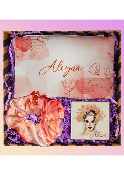 Kişiye Özel Makyaj Çantası & Kişiye Özel Ayna & Saten Toka Hediye Seti 111034