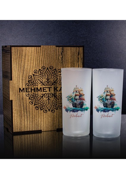 Kişiye Özel Kutusunda Yelkenli Tasarım 2'li Rakı Bardağı Hediye Seti 111299