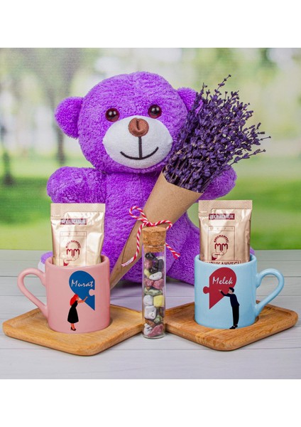 Kişiye Özel Türk Kahvesi Fincanları & Drajeler & Lavantalı Peluş Ayı Hediye Kutusu 111834
