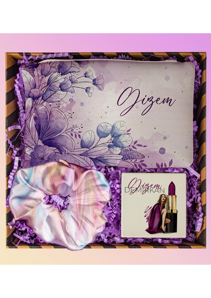 Kişiye Özel Makyaj Çantası & Kişiye Özel Ayna & Saten Toka Hediye Seti 111035