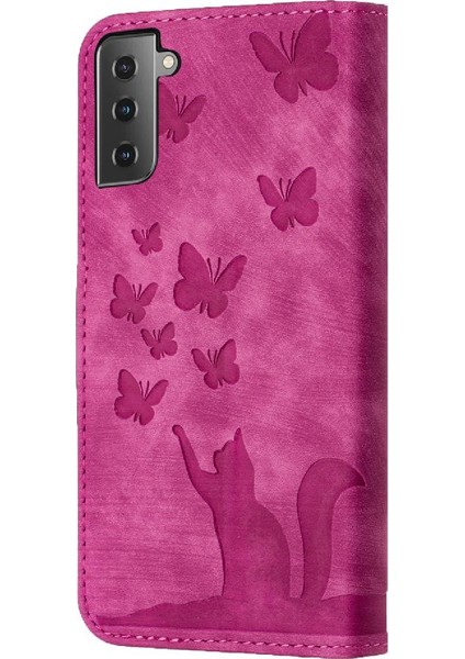 Samsung Galaxy S21 Fe Kabartmalı Kelebek Kedi Cüzdan Kılıf Tutucu (Yurt Dışından)