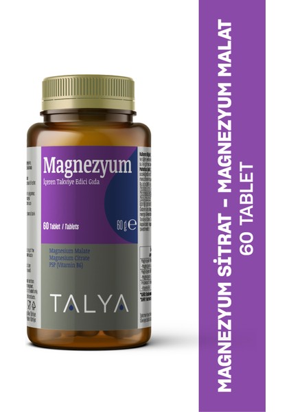 Magnezyum Malat + Magnezyum Sitrat + Vitamin B6 İçeren Takviye Edici Gıda, 60 Tablet