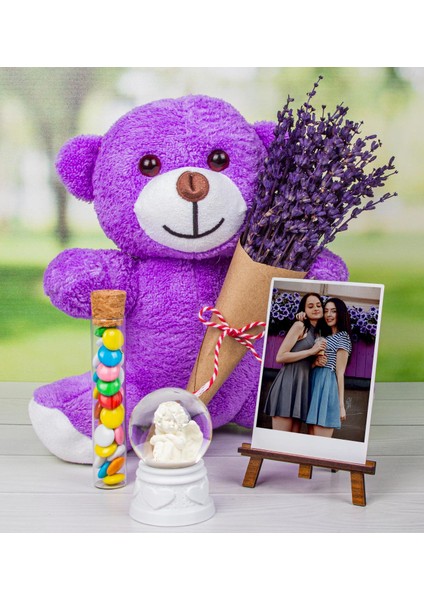 Kişiye Özel Fotoğraflık & Kar Küresi & Drajeler & Lavantalı Peluş Ayı Hediye Kutusu 111656