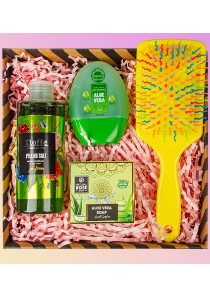 Doğal Sabun & Aloe-Vera Gel & Tuz Peeling & Saç Fırçası Hediye Seti 110925
