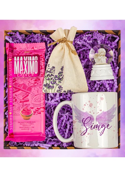 Kişiye Özel Tasarım Kupa Bardak & Melek Kar Küresi & Lavanta Kesesi Hediye Kutusu 111197