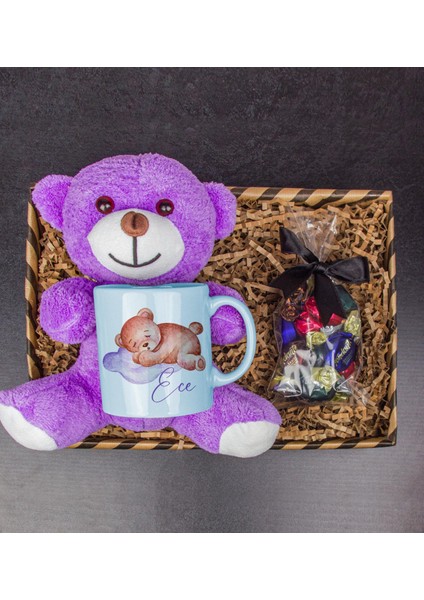 Kişiye Özel Kupa & Çikolatalar & Mor Peluş Ayı Hediye Kutusu 111742