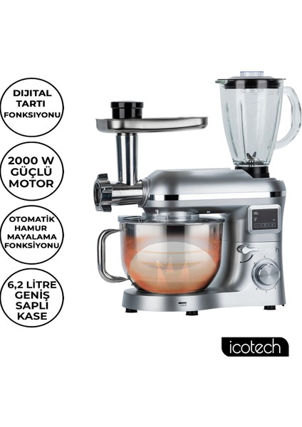 SM50 Gümüş LED Ekranlı Hamur Mayalama Kıyma Çekme Blender 2000W 6,5 Litre Stand Mikser Mutfak Şefi Hamur Yoğurma Makinesi