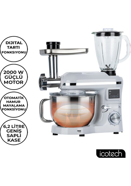 SM50 Beyaz LED Ekranlı Hamur Mayalama Kıyma Çekme Blender 2000W 6,5 Litre Stand Mikser Mutfak Şefi Hamur Yoğurma Makinesi