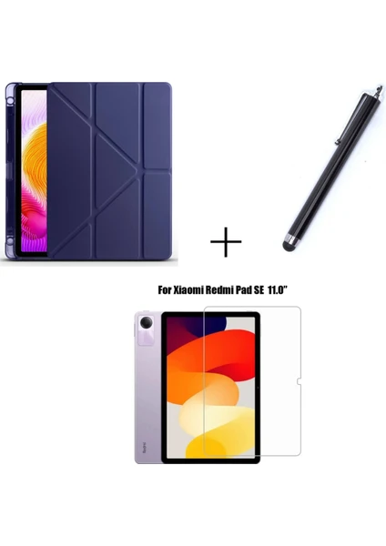 Xiaomi Redmi Pad Se Uyumlu Kalem Bölmeli Standlı Kılıf + Ekran Koruyucu + Kalem 3'lü Set