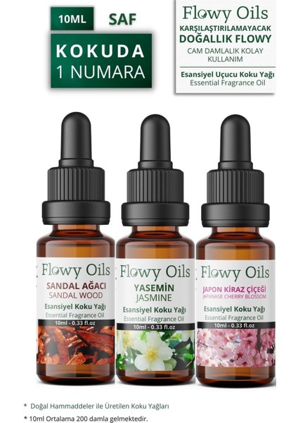 Flowy Oils Yasemin Japon Kirazı, Sandal Ağacı Esansiyel Uçucu Koku Yağı Esans Buhurdanlık Yağı Difüzör 3X10ML