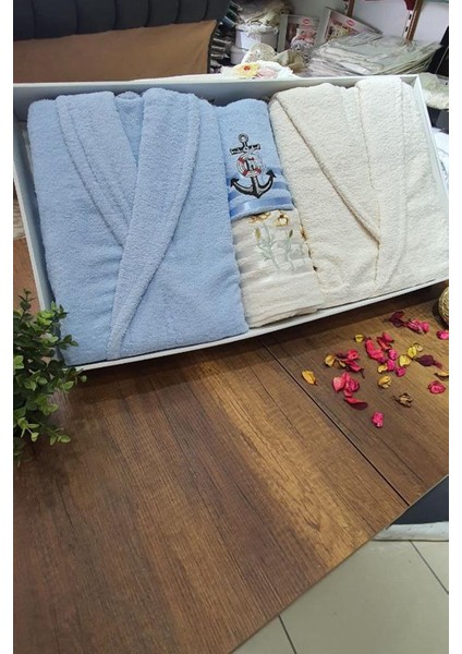 Çeyizlik Aile Bornoz Seti 4 Parça Krem Mavi