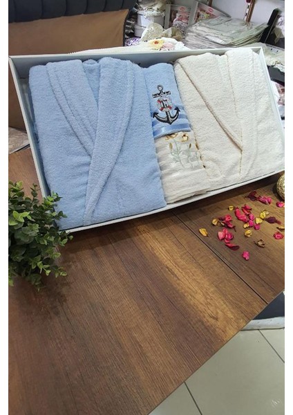 Çeyizlik Aile Bornoz Seti 4 Parça Krem Mavi fiyatları