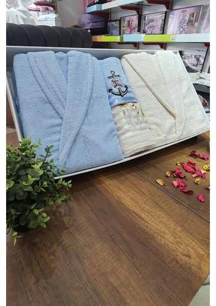Çeyizlik Aile Bornoz Seti 4 Parça Krem Mavi modelleri
